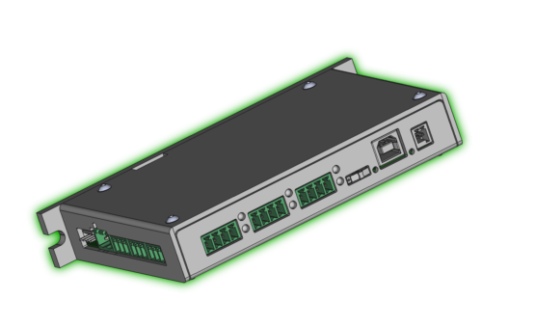 3D-Darstellung der Portal Control USB-Einheit mit Schnittstellen für USB, digitale Ein- und Ausgänge sowie Netzanschlüsse.